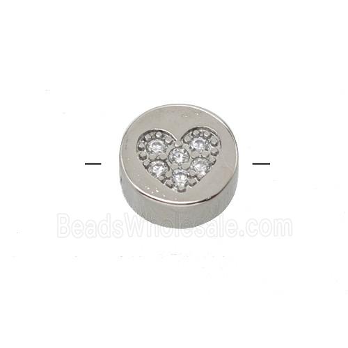 Copper Button Beads Pave Zirconia Heart Platinum Plated