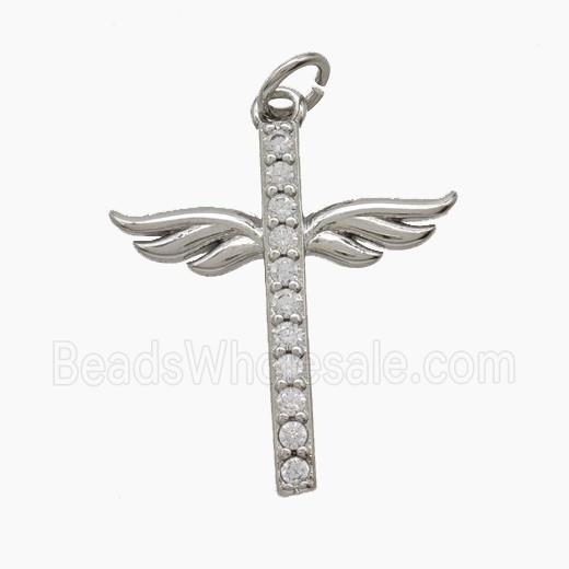 Copper Cross Wings Pendant Pave Zirconia Platinum Plated