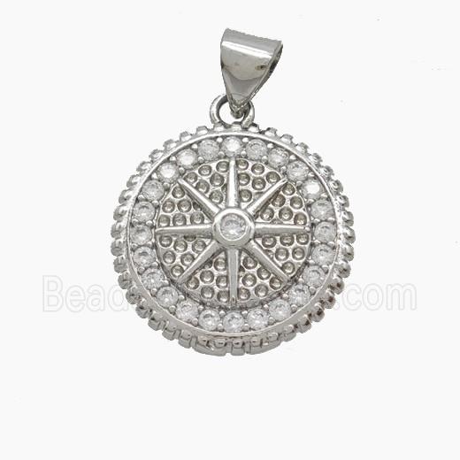 Copper Compass Pendant Pave Zirconia Platinum Plated