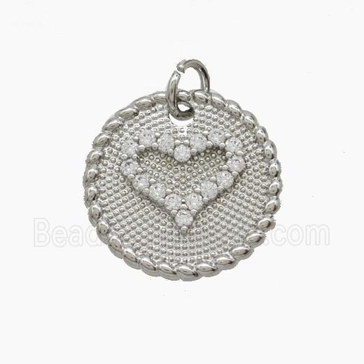 Copper Heart Pendant Pave Zirconia Circle Platinum Plated