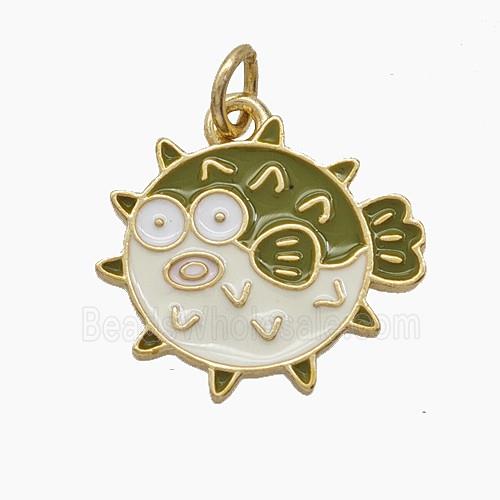 Copper Puffer Fish Pendant White Green Enamel Gold Plated