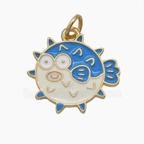 Copper Puffer Fish Pendant White Blue Enamel Gold Plated