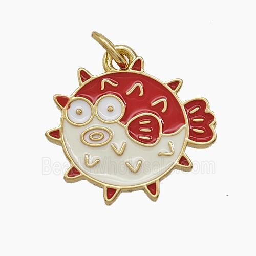 Copper Puffer Fish Pendant White Red Enamel Gold Plated