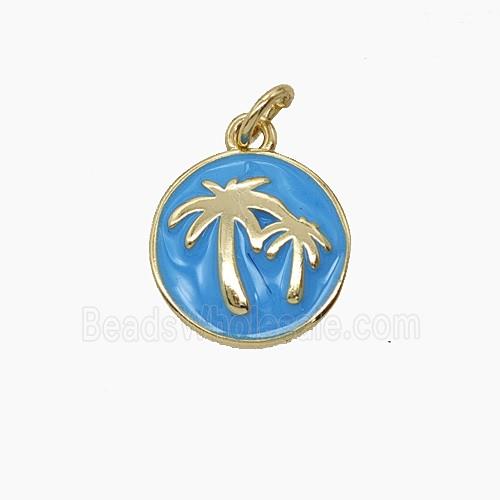 Copper Coconut Tree Pendant Green Enamel Palm Circle Gold Plated
