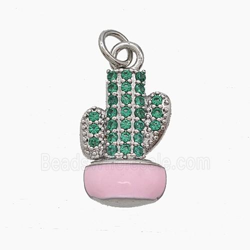 Copper Cactus Pendant Pave Zirconia Pink Enamel Platinum Plated