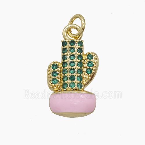 Copper Cactus Pendant Pave Zirconia Pink Enamel Gold Plated