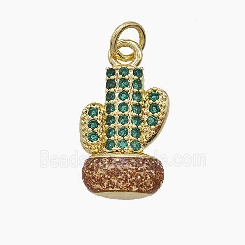 Copper Cactus Pendant Pave Zirconia Red Enamel Gold Plated