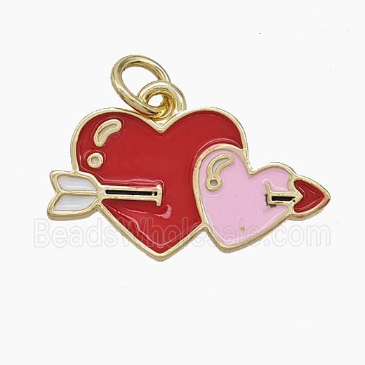 Copper Arrow Heart Pendant Red Pink Enamel Gold Plated