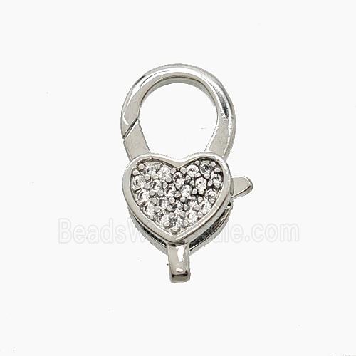 Copper Lobster Clasp Pave Zirconia Heart Platinum Plated