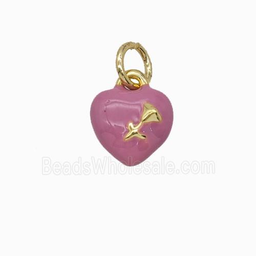 Copper Heart Pendant With Rose Flower Pink Enamel Gold Plated