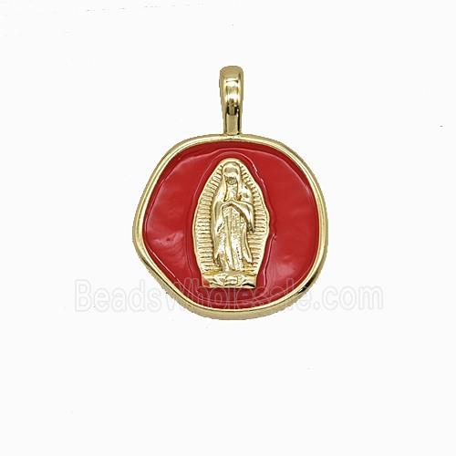 Copper Virgin Mary Pendant Red Enamel Gold Plated