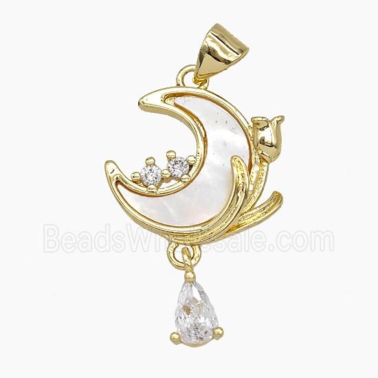 Copper Moon Pendant Pave Shell Tulip Gold Plated