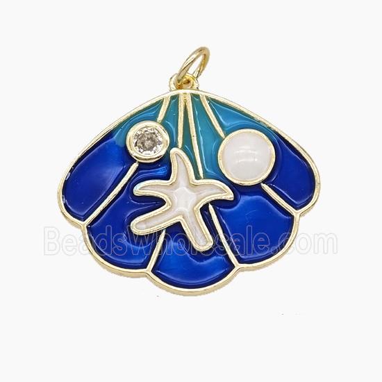 Copper Scallop Shell Pendant Pave Zirconia Royalblue Enamel Gold Plated
