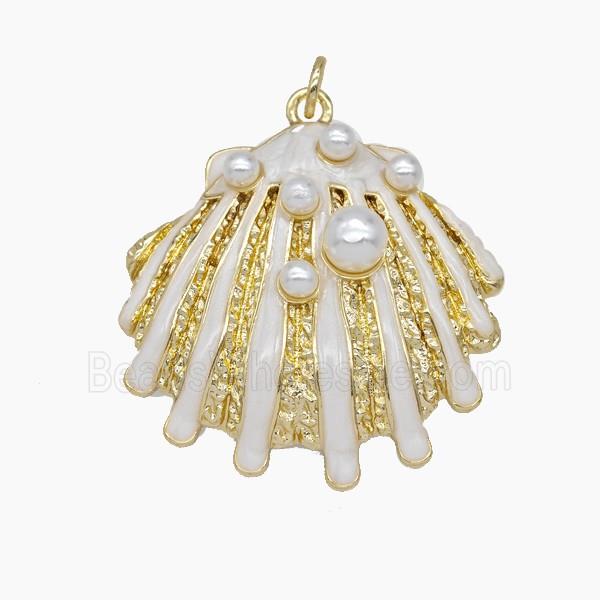 Copper Scallop Shell Pendant Pave Resin White Enamel Gold Plated