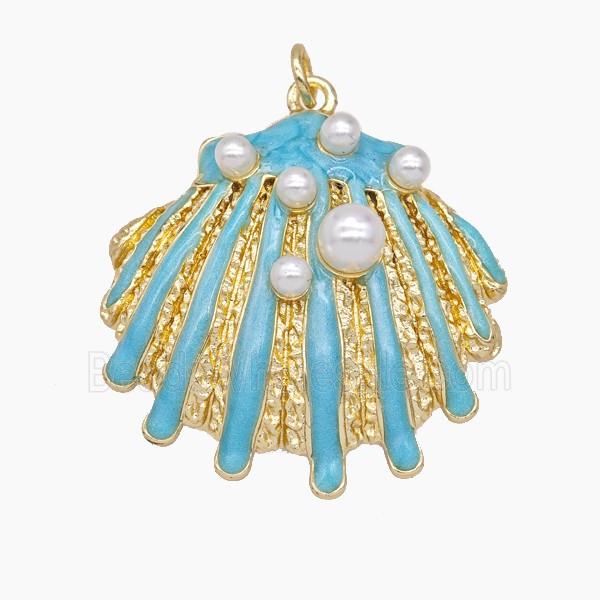 Copper Scallop Shell Pendant Pave Resin Turqblue Enamel Gold Plated