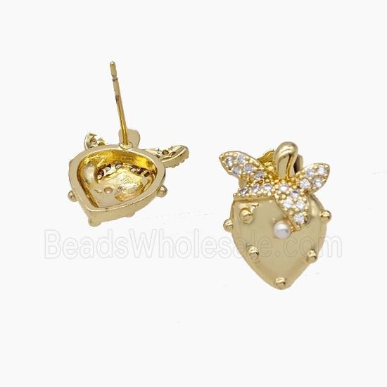 Copper Strawberry Stud Earrings Pave Zirconia Resin Gold Plated