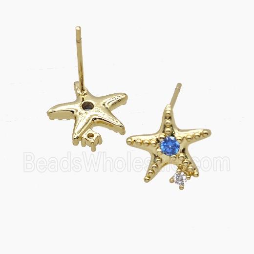 Copper Starfish Stud Earrings Pave Zirconia Gold Plated