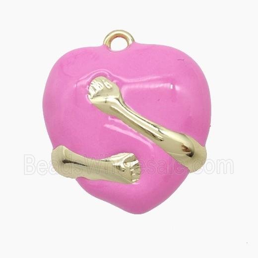 Copper Heart Pendant Pink Enamel Hug Hands Gold Plated