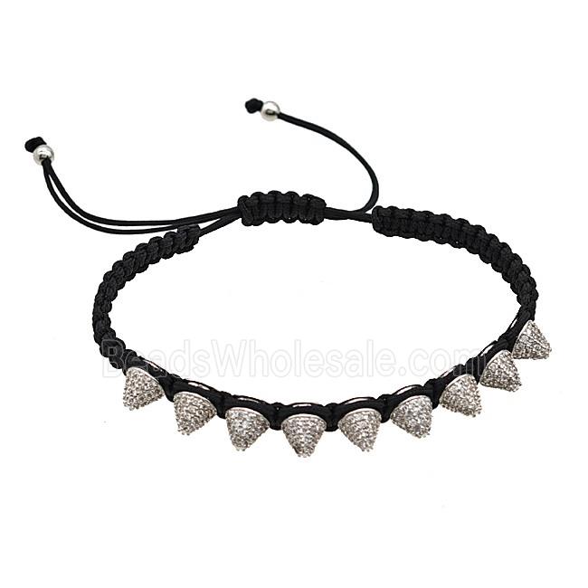 Black Nylon Braided Bracelet With Copper Spike Studs Pave Zirconia Adjustable