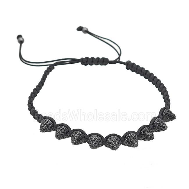 Black Nylon Braided Bracelet With Copper Spike Studs Pave Zirconia Adjustable