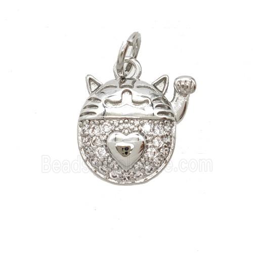 Lucky Cat Charms Copper Pendant Pave Zirconia Platinum Plated