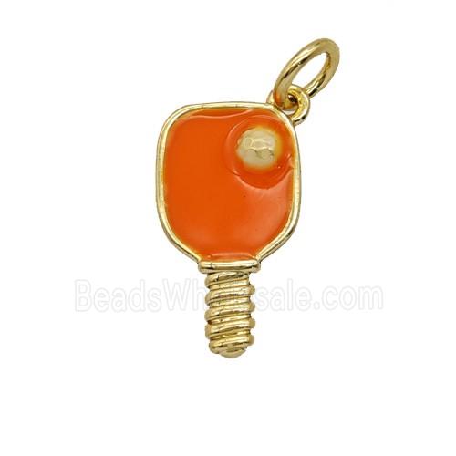 Pickleball Paddle Charms Copper Pendant Orange Enamel Sports Gold Plated