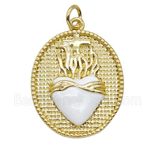 Copper Sacred Heart Pendant White Enamel Oval Gold Plated