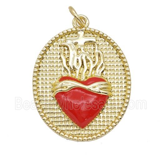 Copper Sacred Heart Pendant Red Enamel Oval Gold Plated