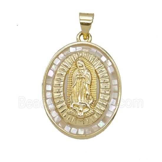Copper Jesus Pendant Pave Shell Oval Gold Plated