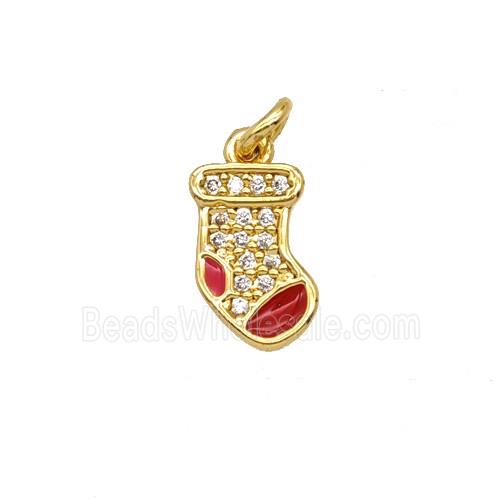 Christmas Stocking Charms Copper Pendant Pave Zirconia Red Enamel Gold Plated