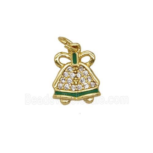 Christmas Bell Charms Copper Pendant Pave Zirconia Green Enamel Gold Plated
