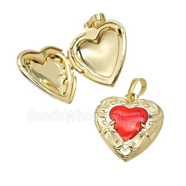 Copper Heart Locket Pendant Red Enamel 18K Gold Plated