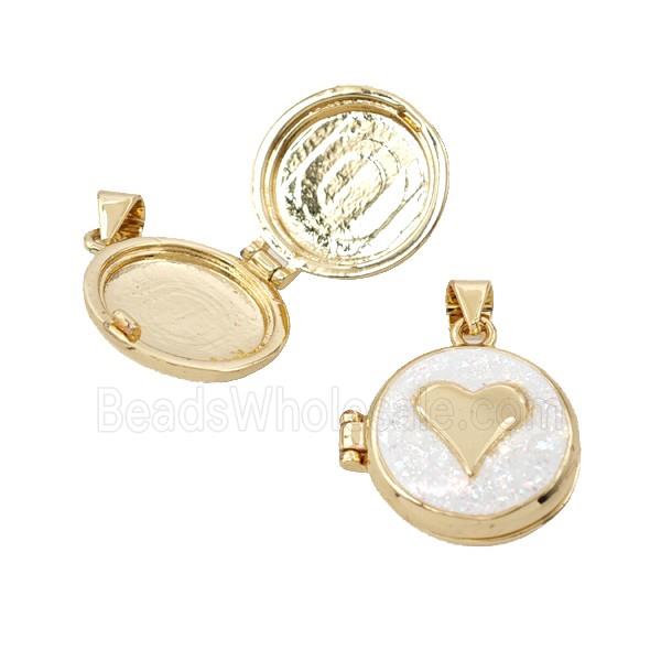 Copper Heart Locket Pendant Pave White FireOpal 18K Gold Plated