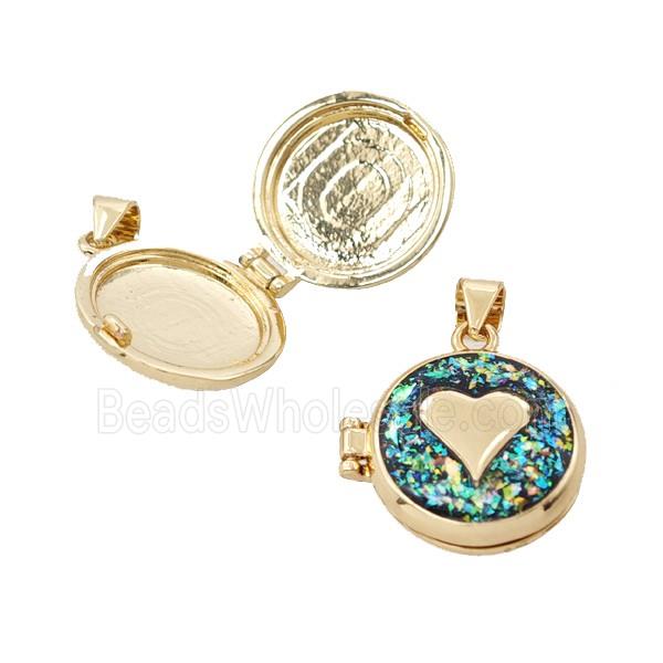 Copper Heart Locket Pendant Pave Green FireOpal 18K Gold Plated