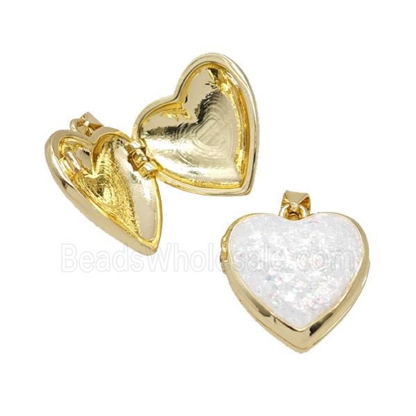 Copper Heart Locket Pendant Pave White FireOpal 18K Gold Plated