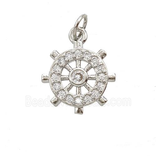 Copper Shipwheel Pendant Pave Zirconia Platinum Plated