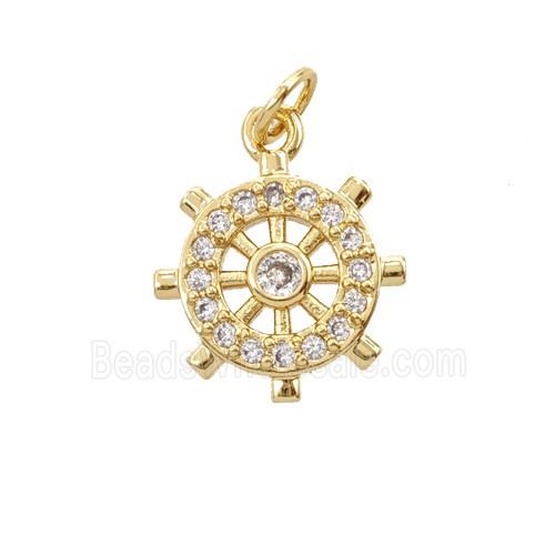 Copper Shipwheel Pendant Pave Zirconia 18K Gold Plated