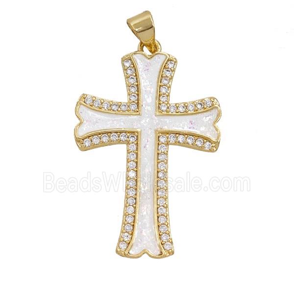 Copper Cross Pendant Pave Zirconia White FireOpal 18K Gold Plated