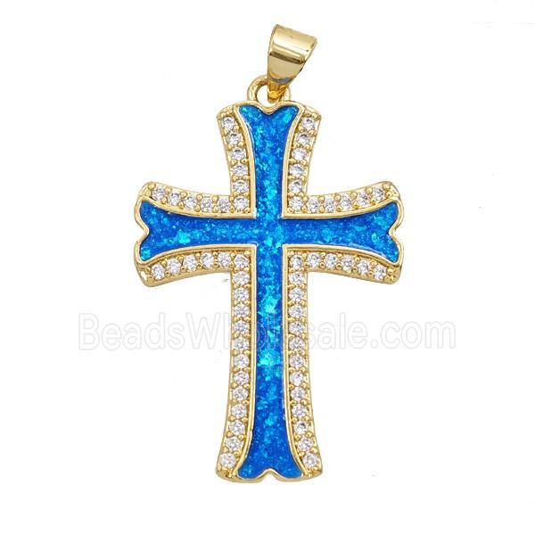 Copper Cross Pendant Pave Zirconia Blue FireOpal 18K Gold Plated