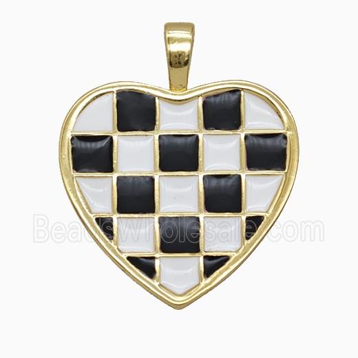 Copper Heart Pendant Pink Black Enamel Checkerboard Grid Gold Plated