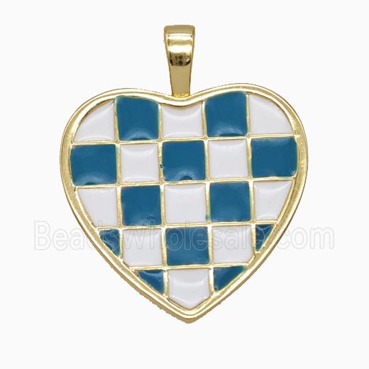 Copper Heart Pendant Blue White Enamel Checkerboard Grid Gold Plated