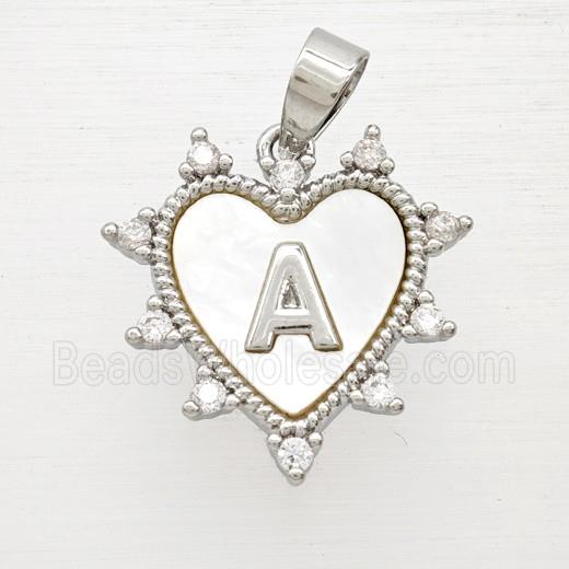 Copper Letter-A Heart Pendant Pave Zirconia Shell Platinum Plated