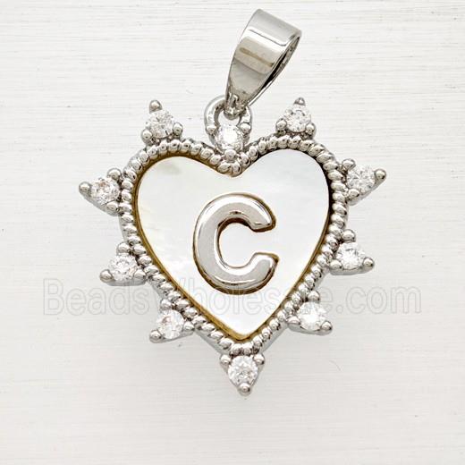 Copper Letter-C Heart Pendant Pave Zirconia Shell Platinum Plated