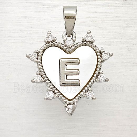 Copper Letter-E Heart Pendant Pave Zirconia Shell Platinum Plated