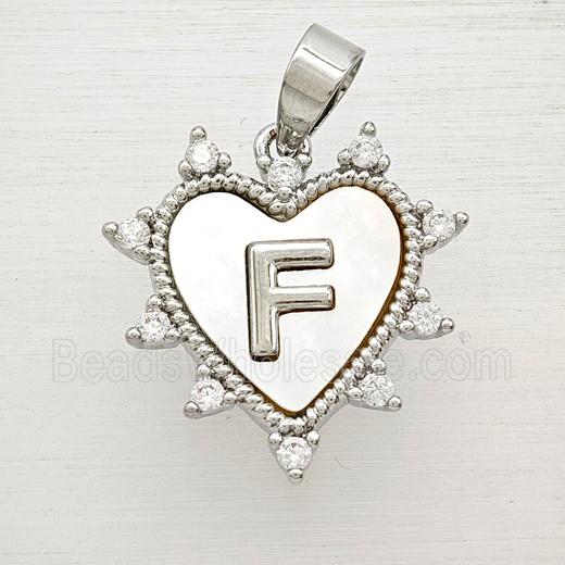 Copper Letter-F Heart Pendant Pave Zirconia Shell Platinum Plated