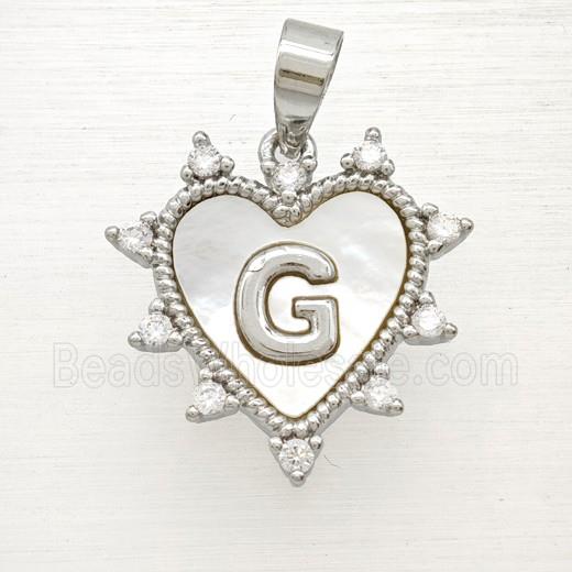 Copper Letter-G Heart Pendant Pave Zirconia Shell Platinum Plated