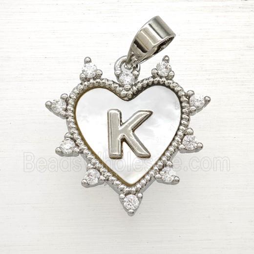 Copper Letter-K Heart Pendant Pave Zirconia Shell Platinum Plated