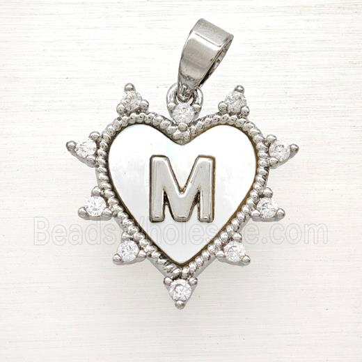 Copper Letter-M Heart Pendant Pave Zirconia Shell Platinum Plated