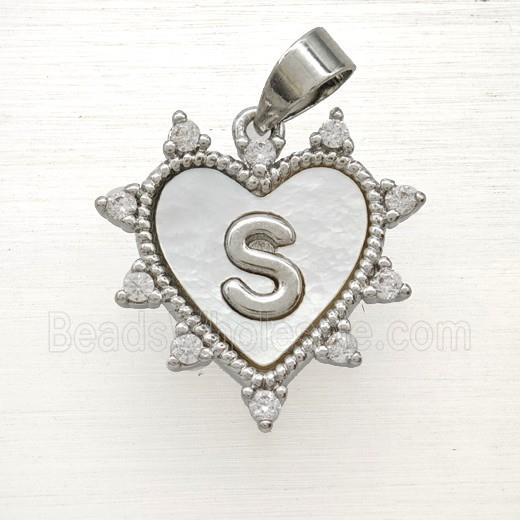 Copper Letter-S Heart Pendant Pave Zirconia Shell Platinum Plated