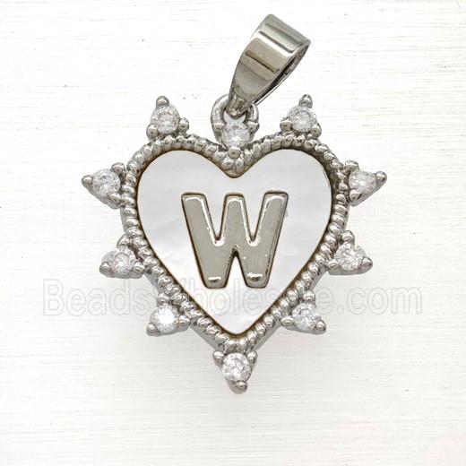Copper Letter-W Heart Pendant Pave Zirconia Shell Platinum Plated